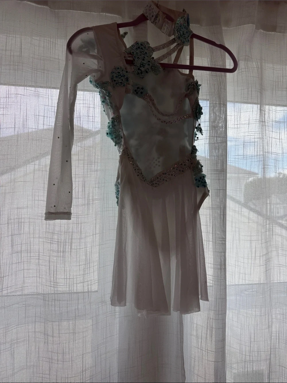 Glamorous White Dance Costume with Blue Floral Appliqué